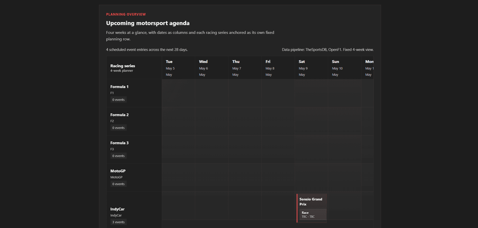A motorsport events agenda.